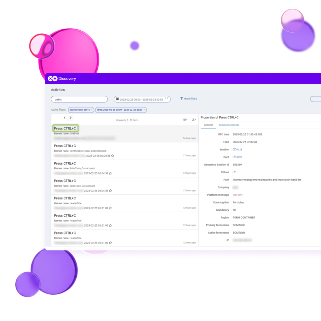 Discovery by XPLUS dashboard showing detailed user activity and process execution data in Dynamics 365
